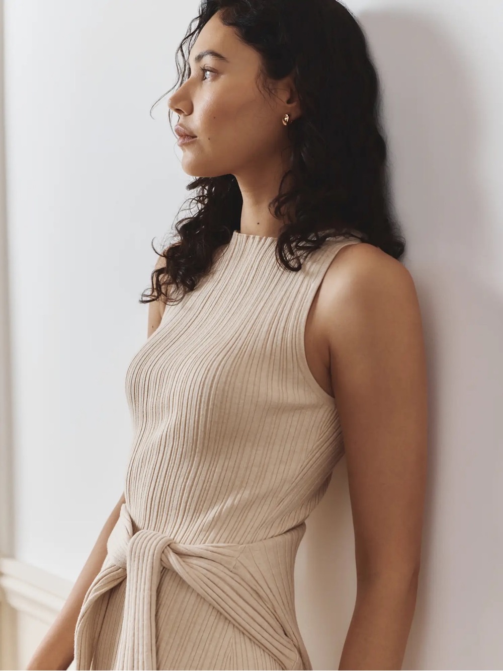 Quince Cotton Cashmere Ribbed Sleeveless Midi Dress - Heather Oatmeal - Size M - Picture 3 of 16